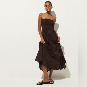 NWT J. Crew Brown Smocked Maxi Dress in Cotton Voile with Pockets & Straps, XS